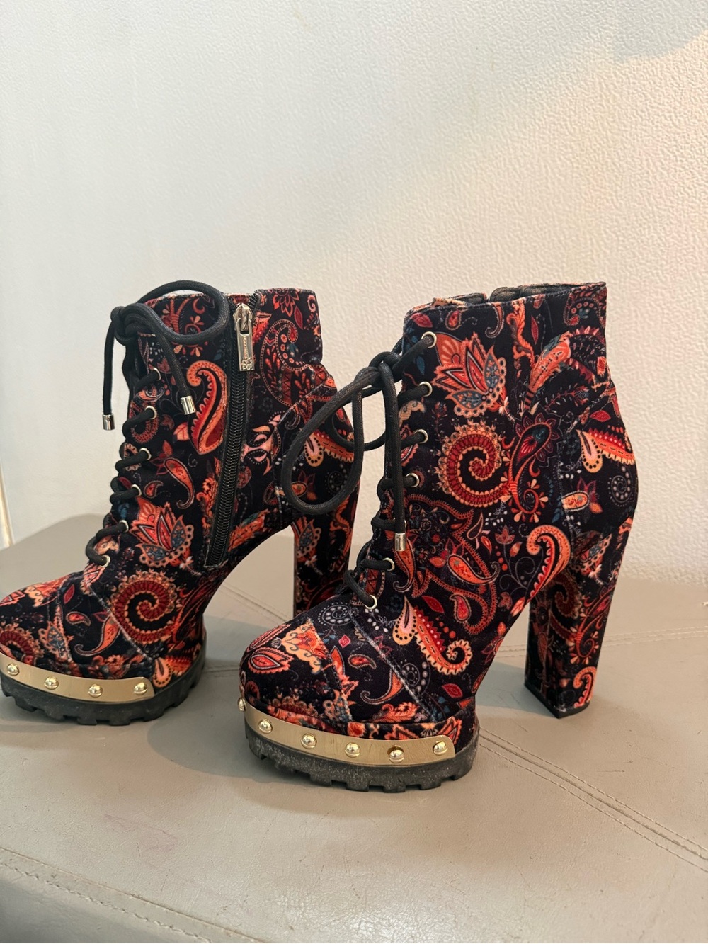 Jessica Simpson Paisley Lace-Up Platform Ankle Boots - Black, Red & Orange - Picture 4 of 5